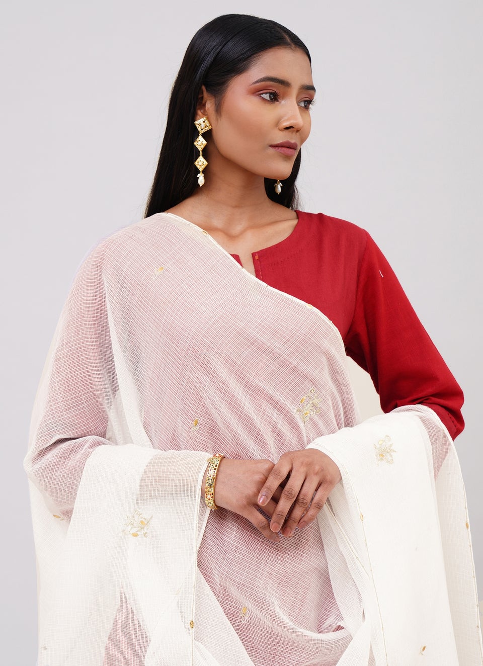 Women Natural White Kota Hand Embroidery Dupatta