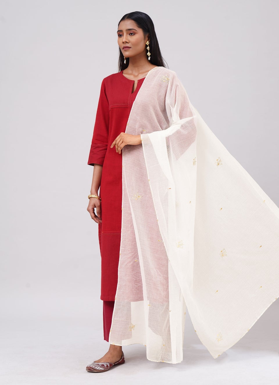 Women Natural White Kota Hand Embroidery Dupatta