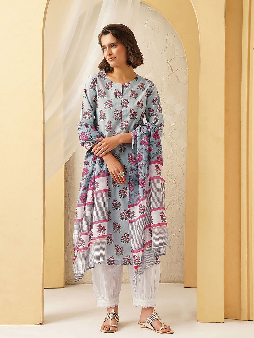 Women Multicolor Block Printed Silk Cotton Dupatta