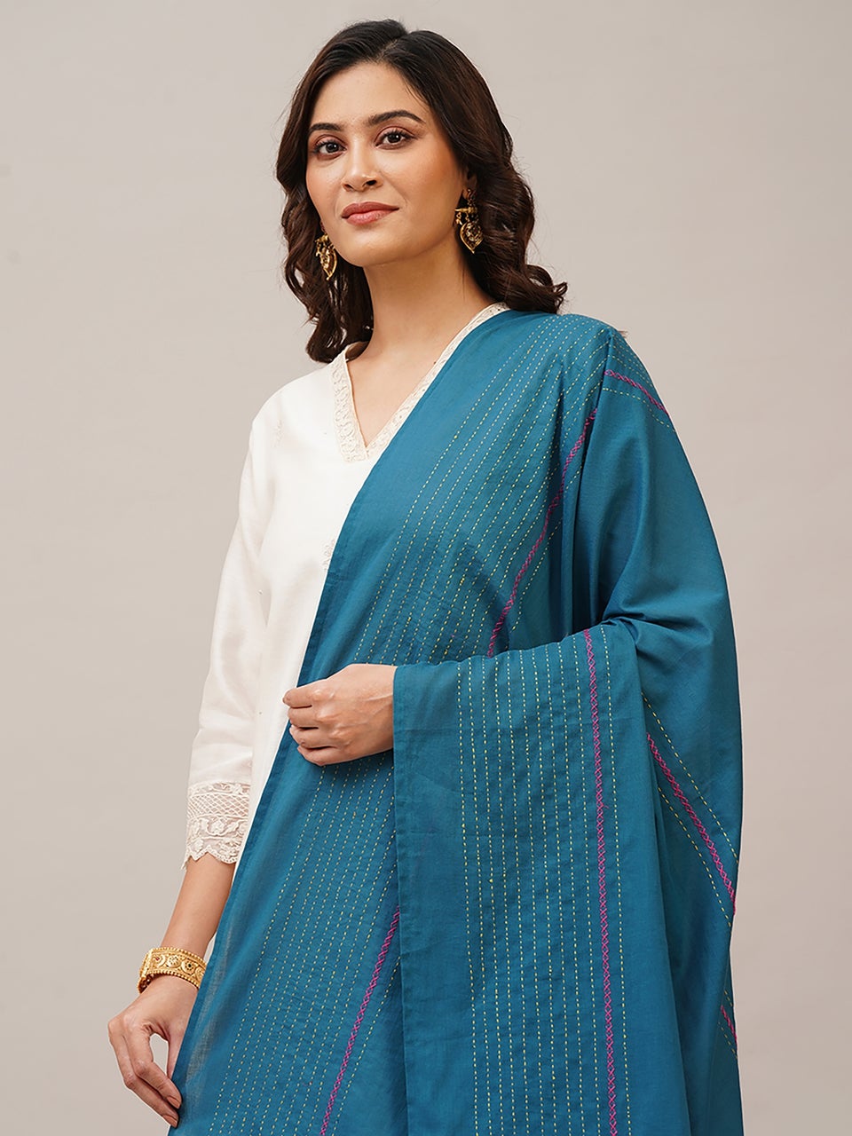 Women Blue Patch work and Hand embroidery Mul Dupatta