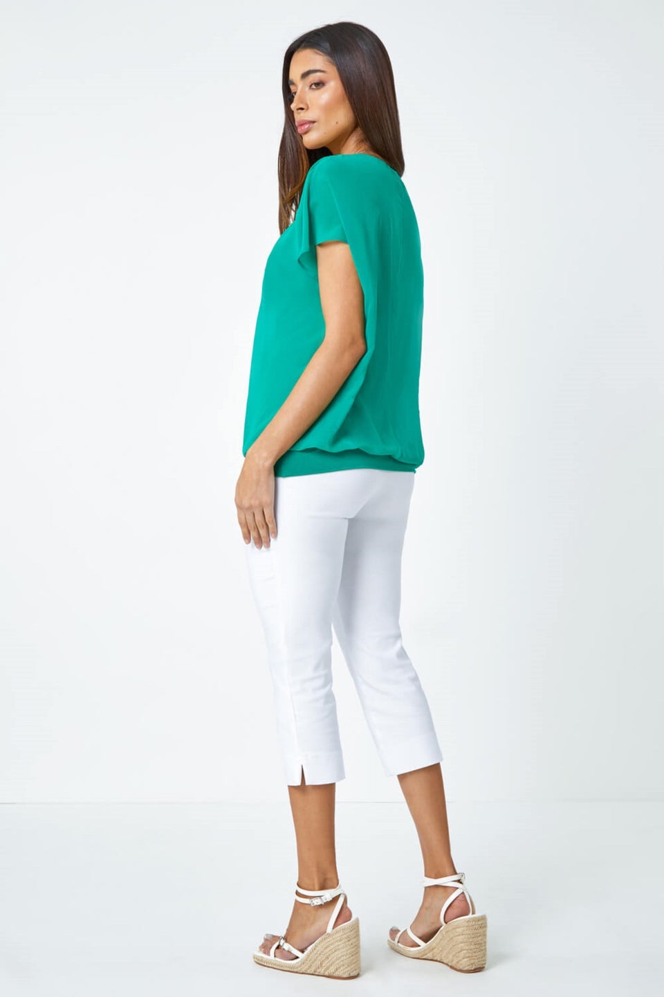 Roman Jade Chiffon Jersey Blouson Top with Necklace