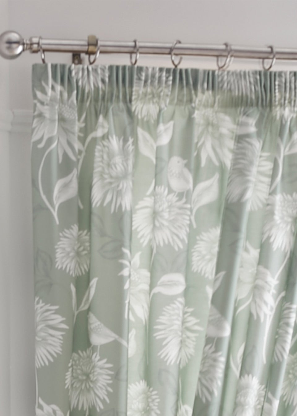 Dreams & Drapes Design Chrysanthemum Green Pencil Pleat Curtains With Tie-Backs