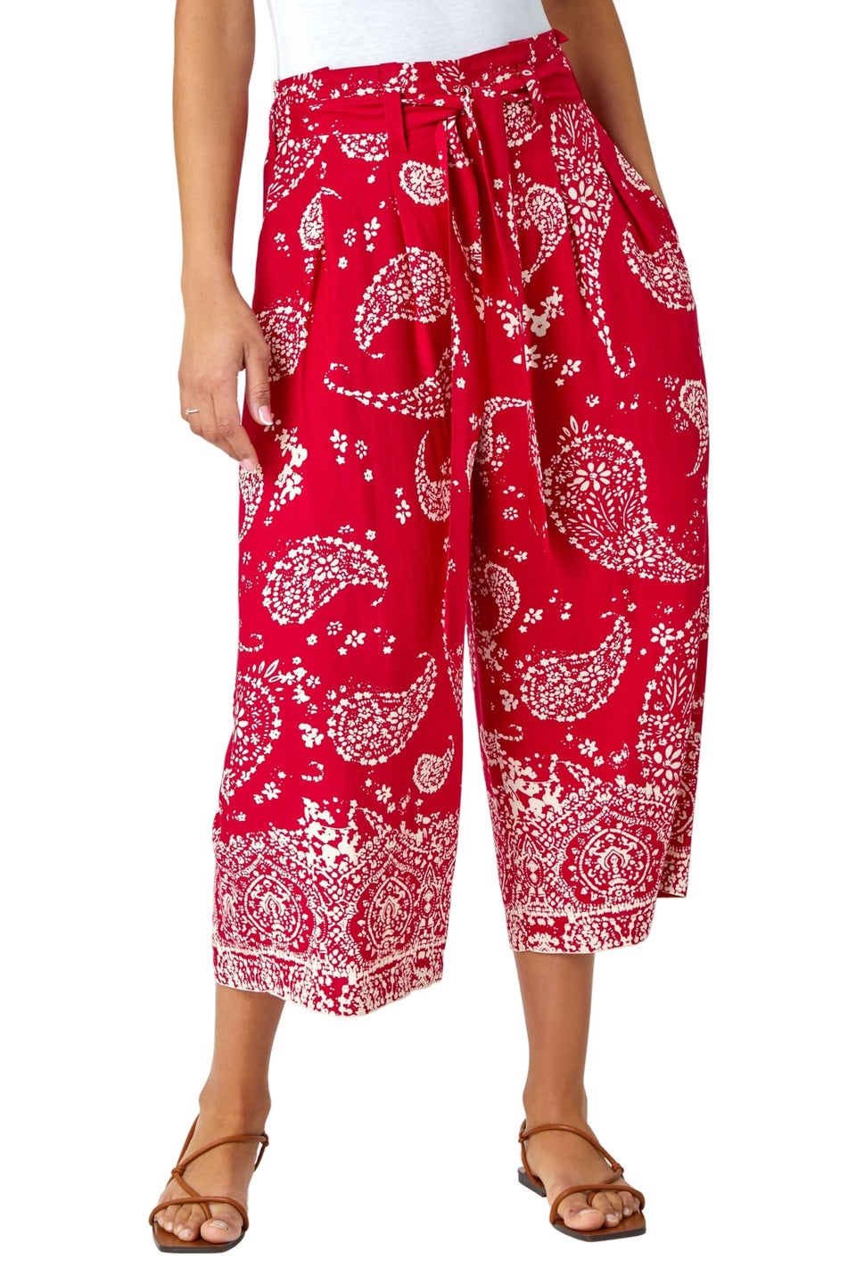Roman Red Paisley Print Wide Leg Cropped Trousers