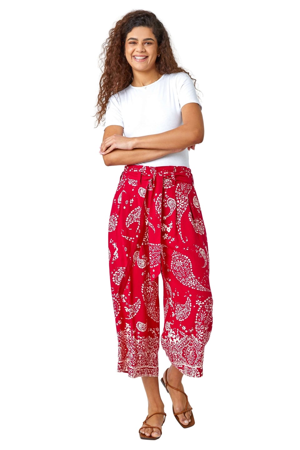Roman Red Paisley Print Wide Leg Cropped Trousers