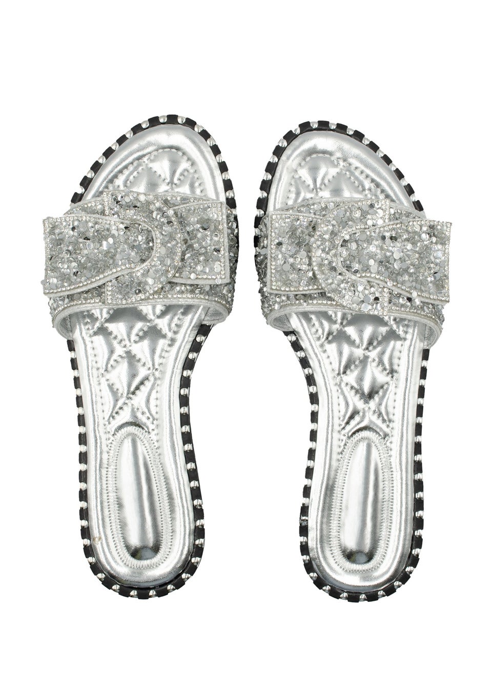 Where's That From Silver Lorna Wide Fit Diamante Bow Sliders