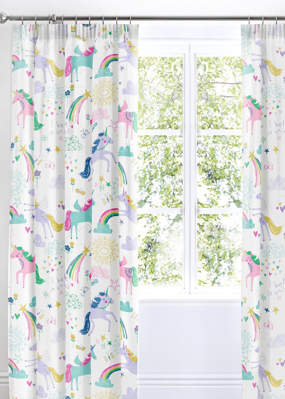 Bedlam Rainbow Unicorn White Pencil Pleat Curtains