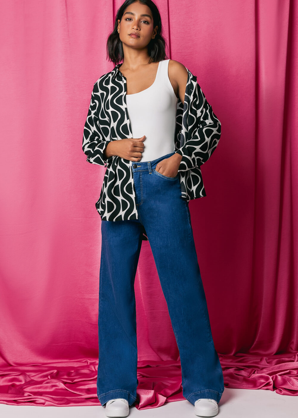 Roman Denim  Cotton Blend Wide Leg Stretch Jeans