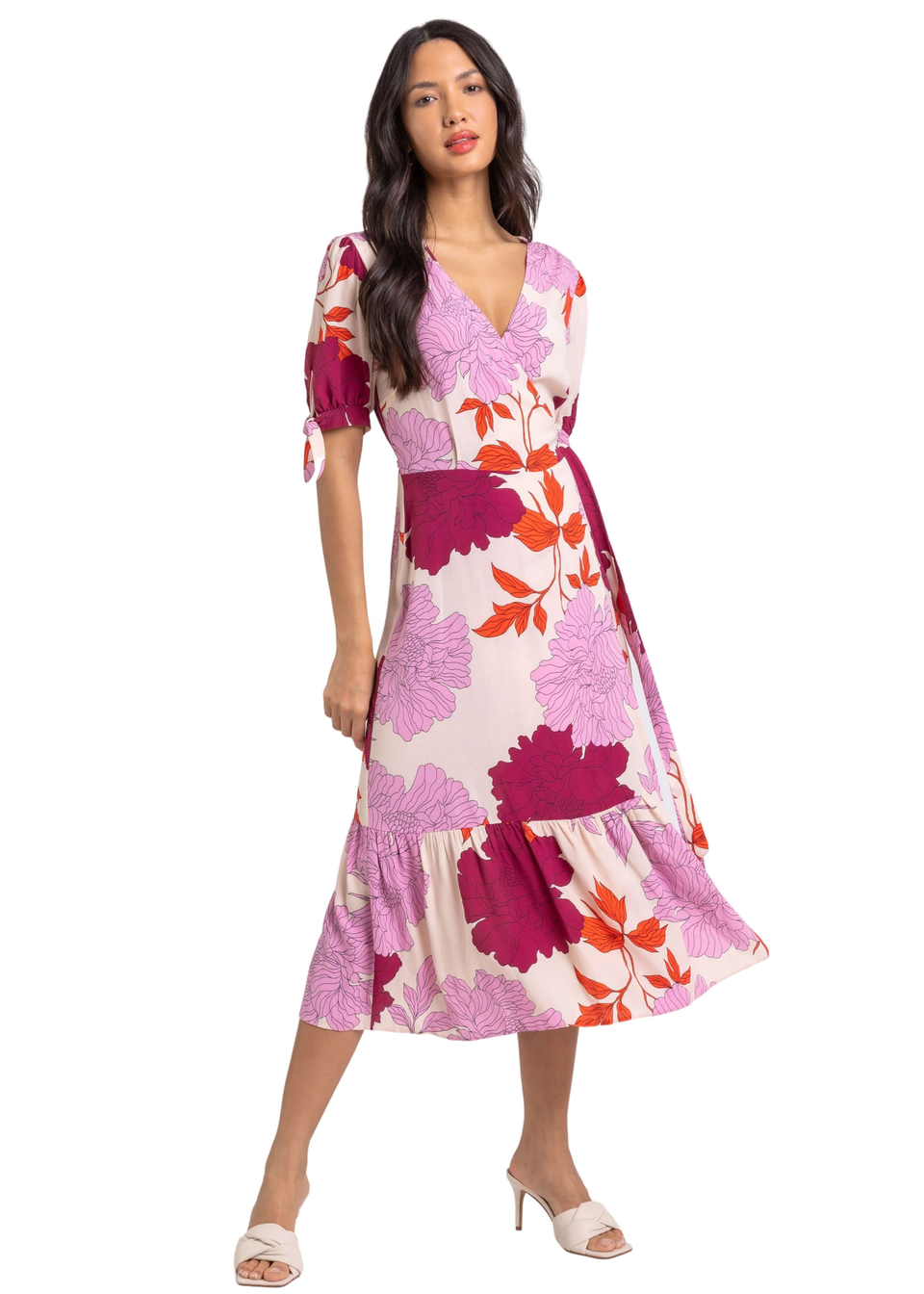 Roman Mauve Floral Frill Hem Wrap Midi Dress