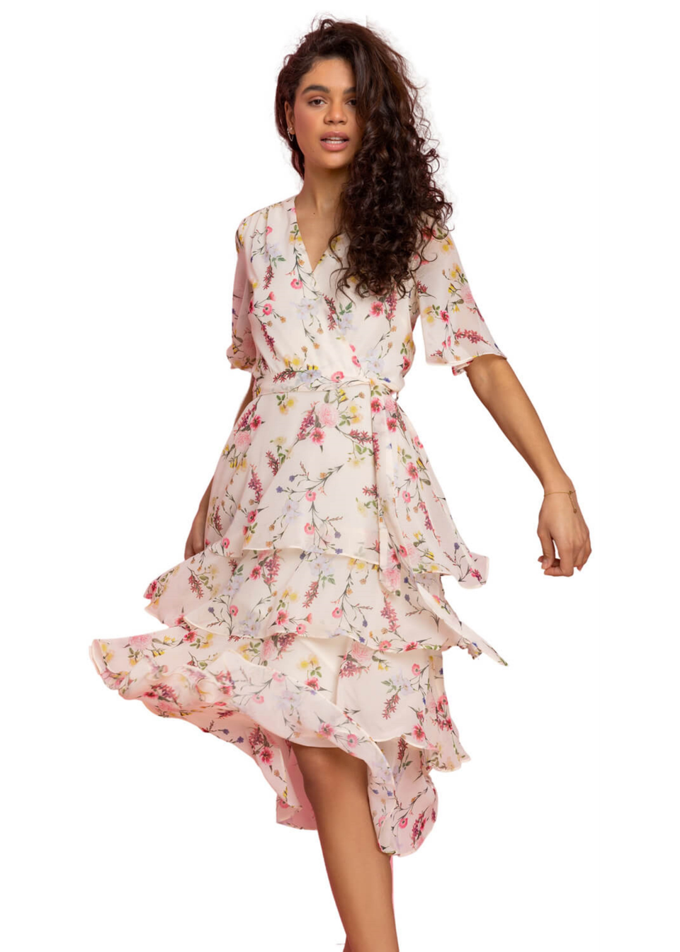 Roman Cream Floral Chiffon Frill Tiered Wrap Midi Dress Matalan