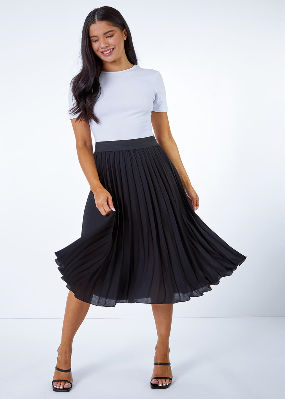 Roman Black Petite Pleated Elastic Waist Midi Skirt