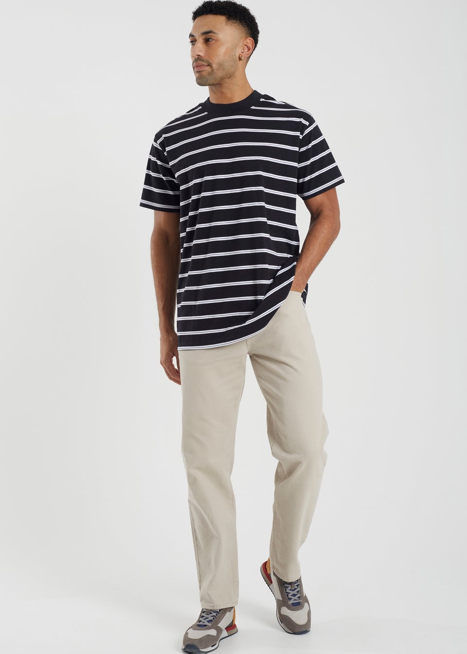 Brave Soul Black Gannon Cotton Oversized Stripe T-Shirt