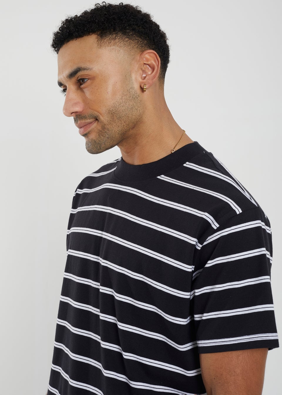 Brave Soul Black Gannon Cotton Oversized Stripe T-Shirt