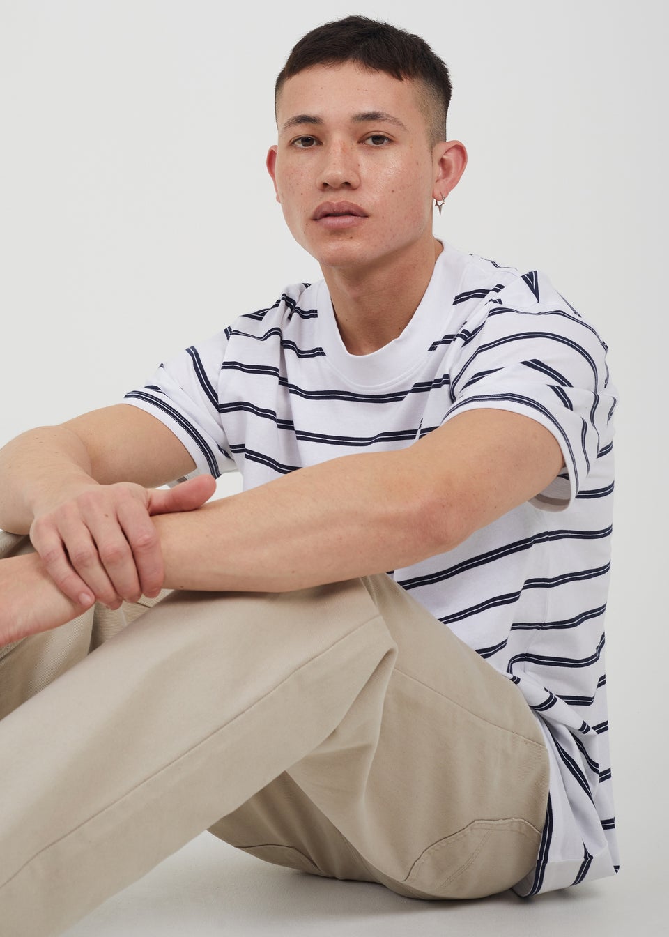 Brave Soul White Cotton Oversized Stripe T-Shirt