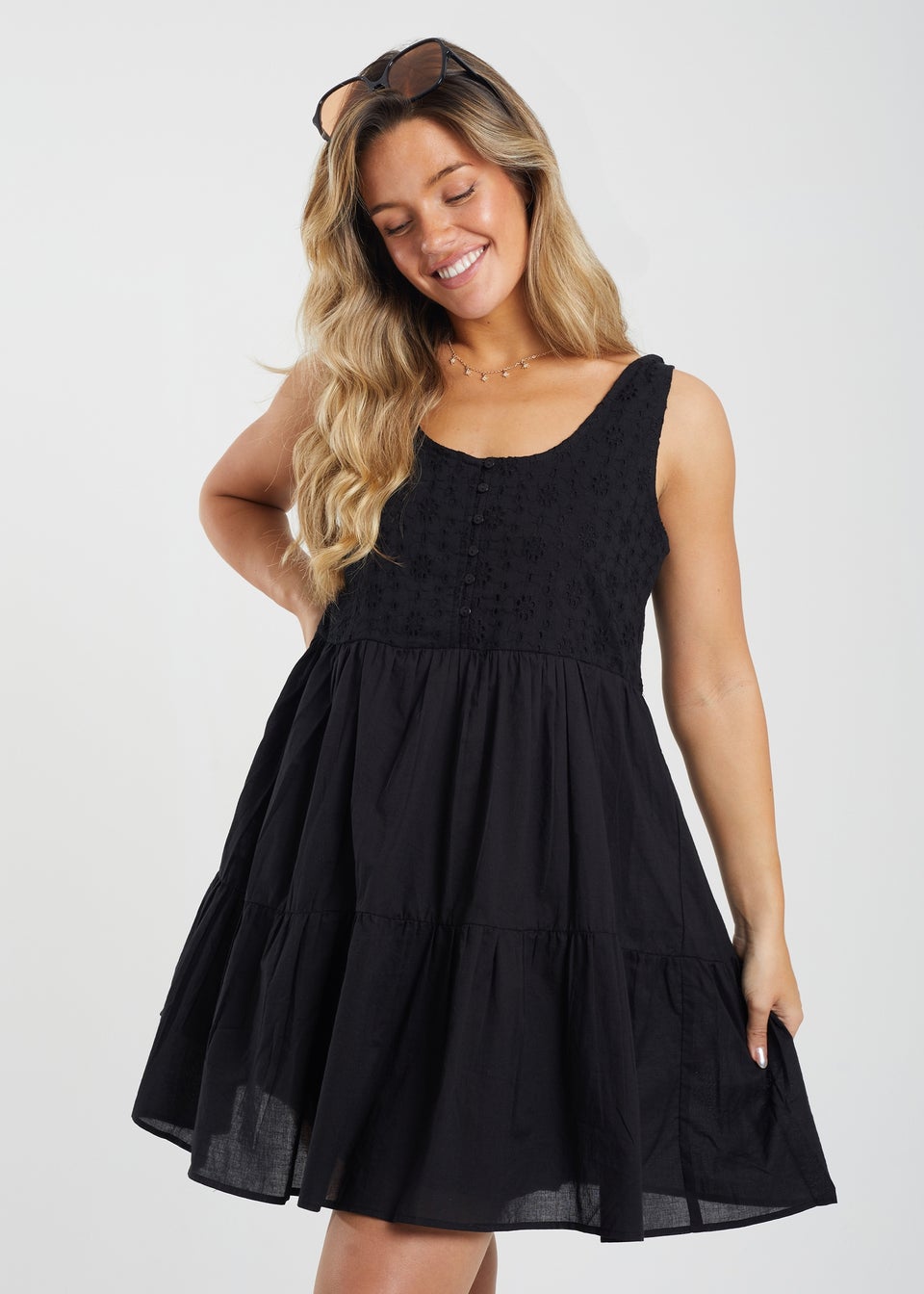 Brave Soul Black Anita Borderie Top Tiered Smock Mini Dress - Matalan
