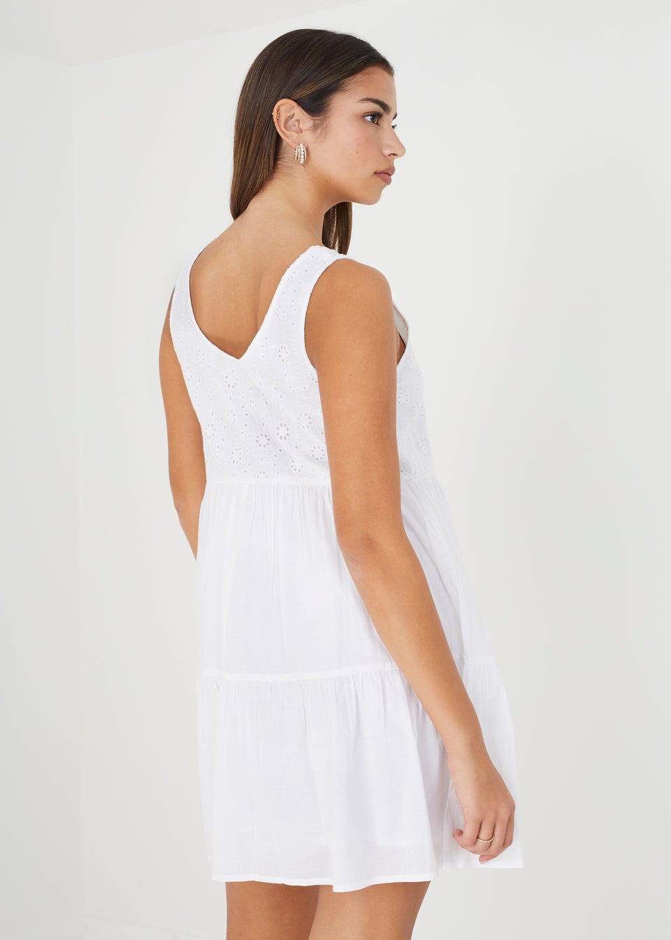 Brave Soul White Anita Borderie Top Tiered Smock Mini Dress