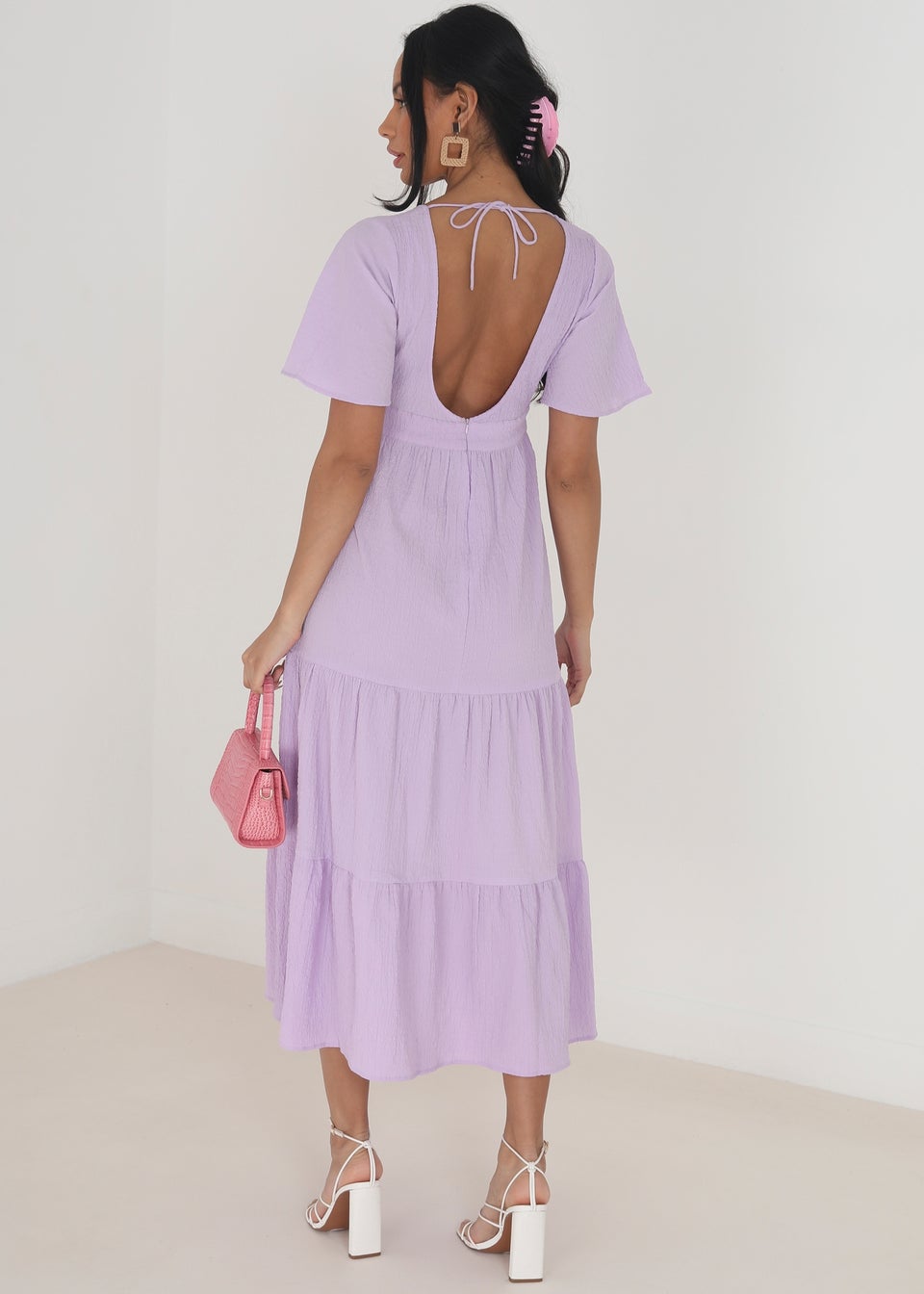 Brave Soul Lilac Hegal V-Neck Flutter Sleeve Tiered Midi Dress