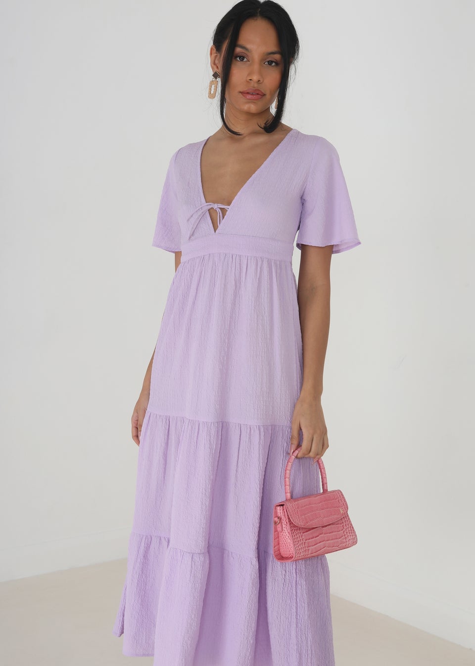 Brave Soul Lilac Hegal V-Neck Flutter Sleeve Tiered Midi Dress