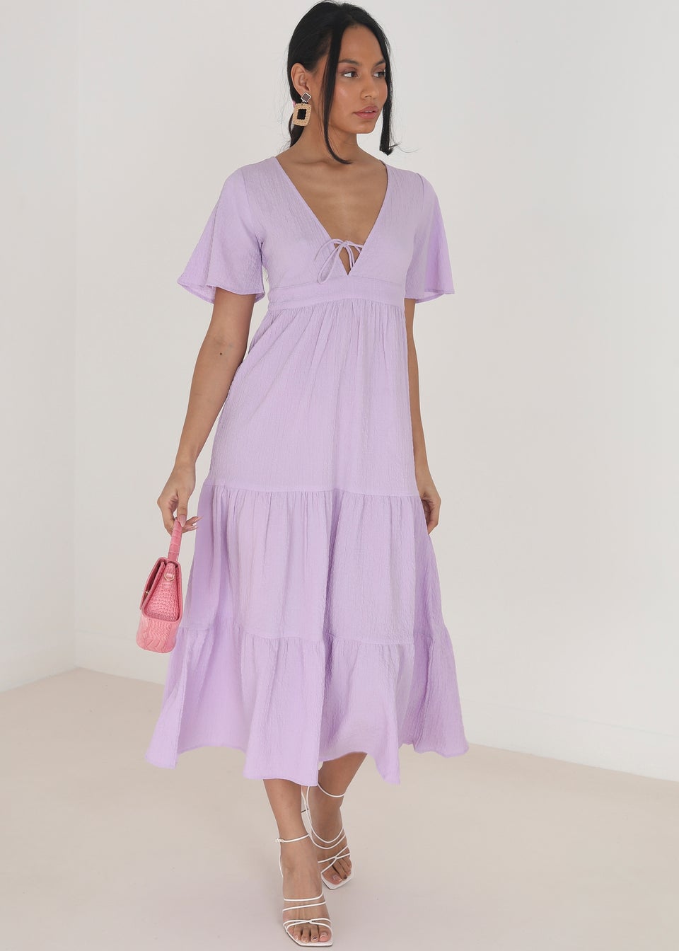 Brave Soul Lilac Hegal V-Neck Flutter Sleeve Tiered Midi Dress