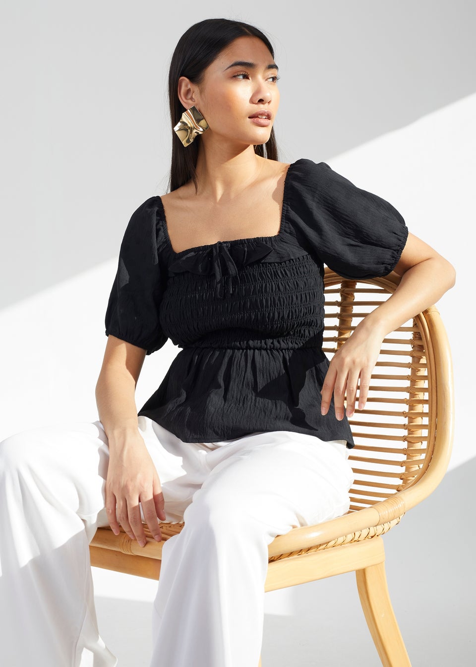 Brave Soul Black Puff Sleeve Shirred Top Matalan