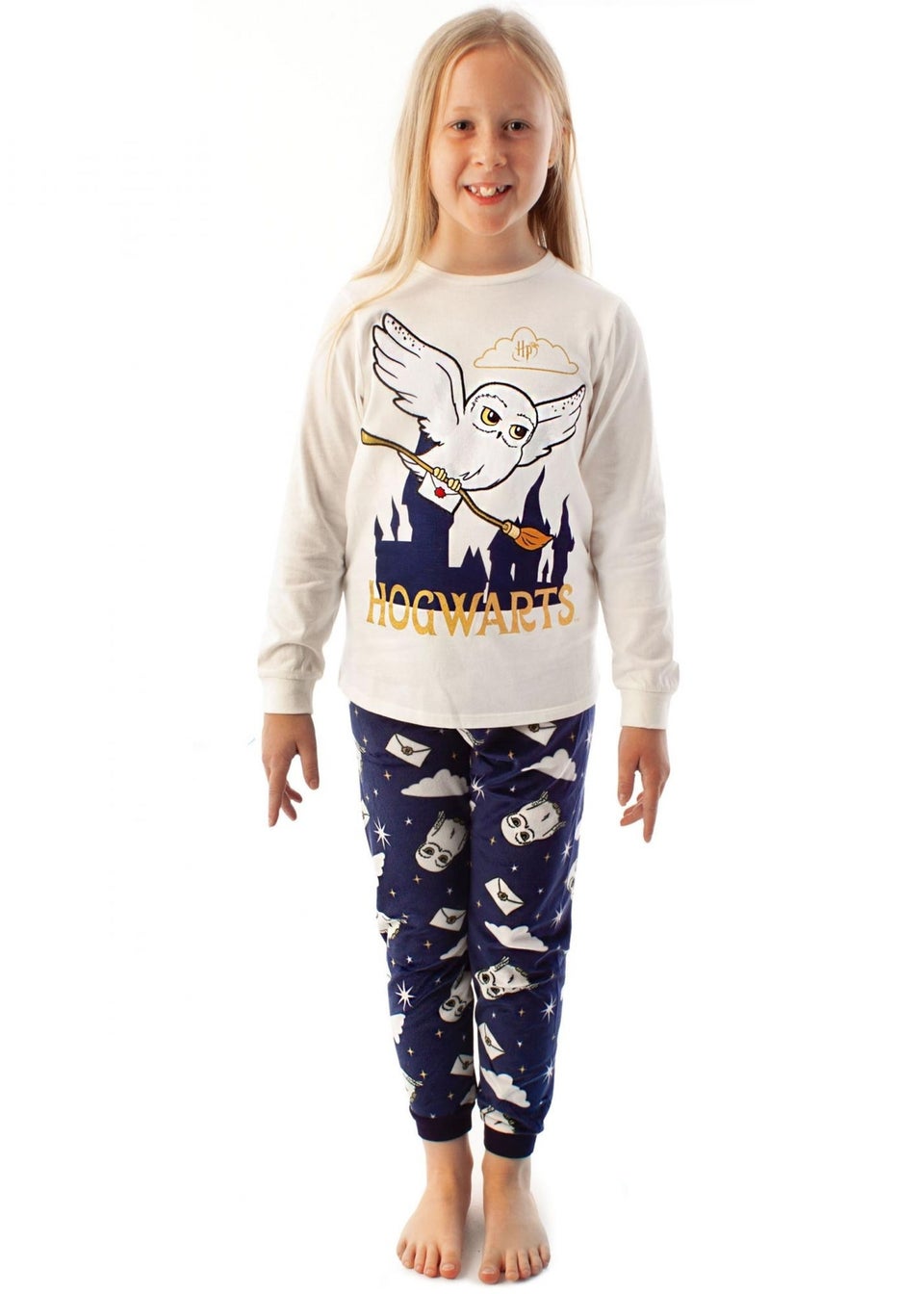 Harry Potter Kids White/Navy Hedwig Fleece Long Pyjama Set (5-14yrs)