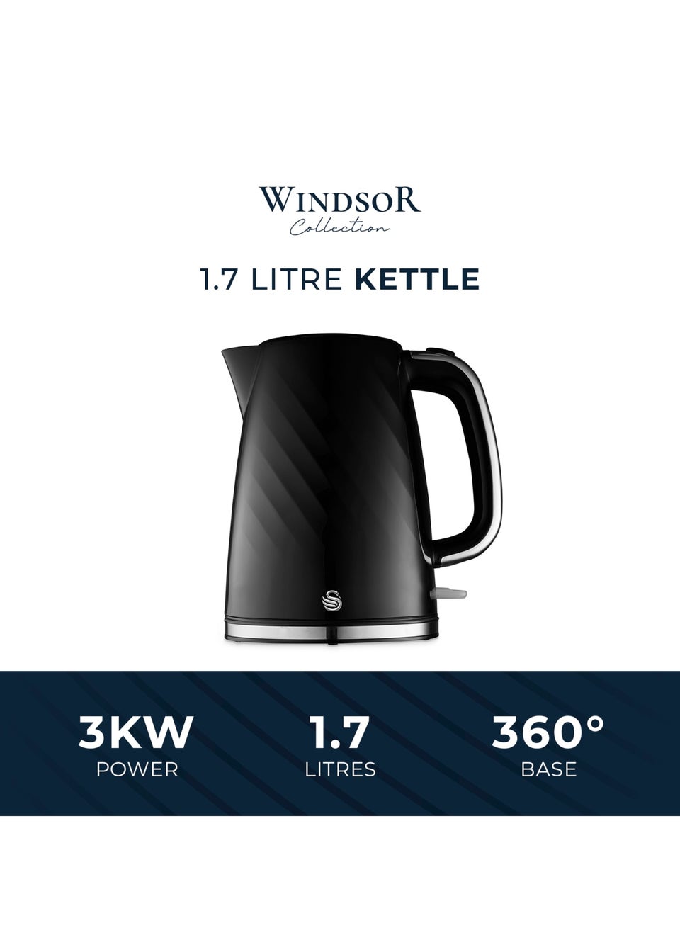 Swan Black Windsor Textured Kettle with Silver Handle (1.7L)