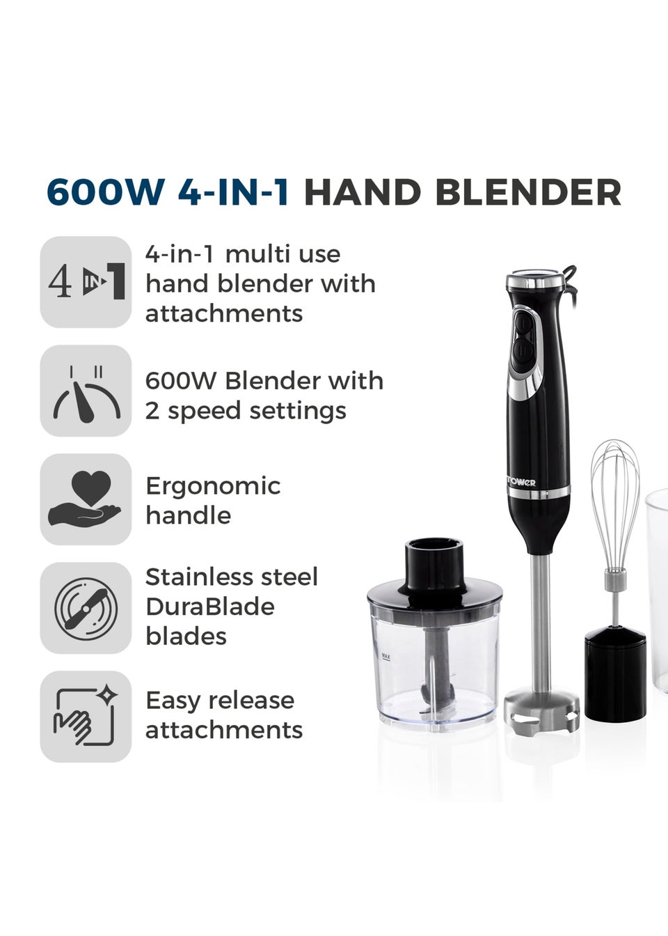 Tower Black 600W 4 in 1 Hand Blender