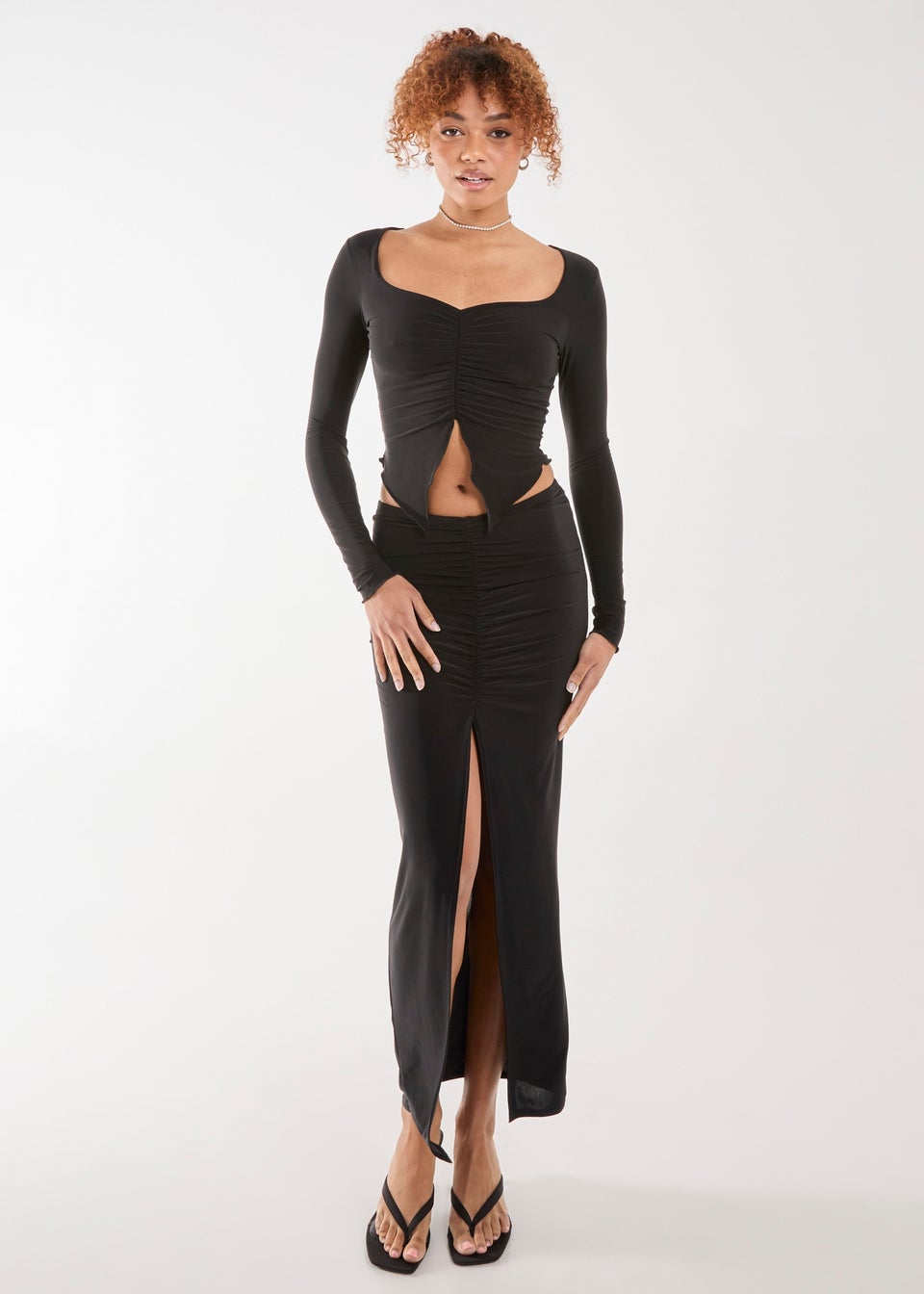 Pink Vanilla Black Slinky Ruched Maxi Skirt Matalan