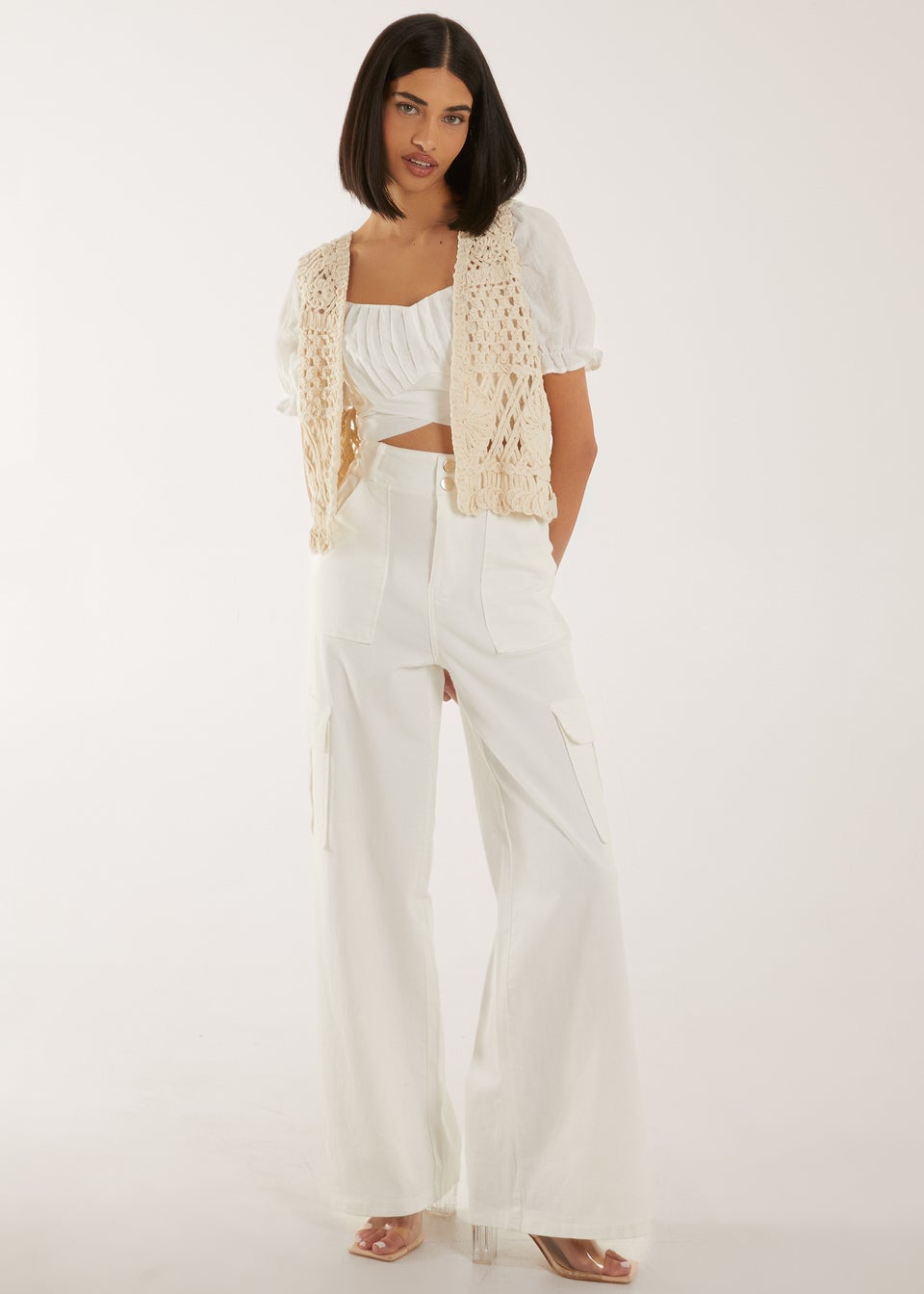 Pink Vanilla Stone Crochet Detailed Waistcoat