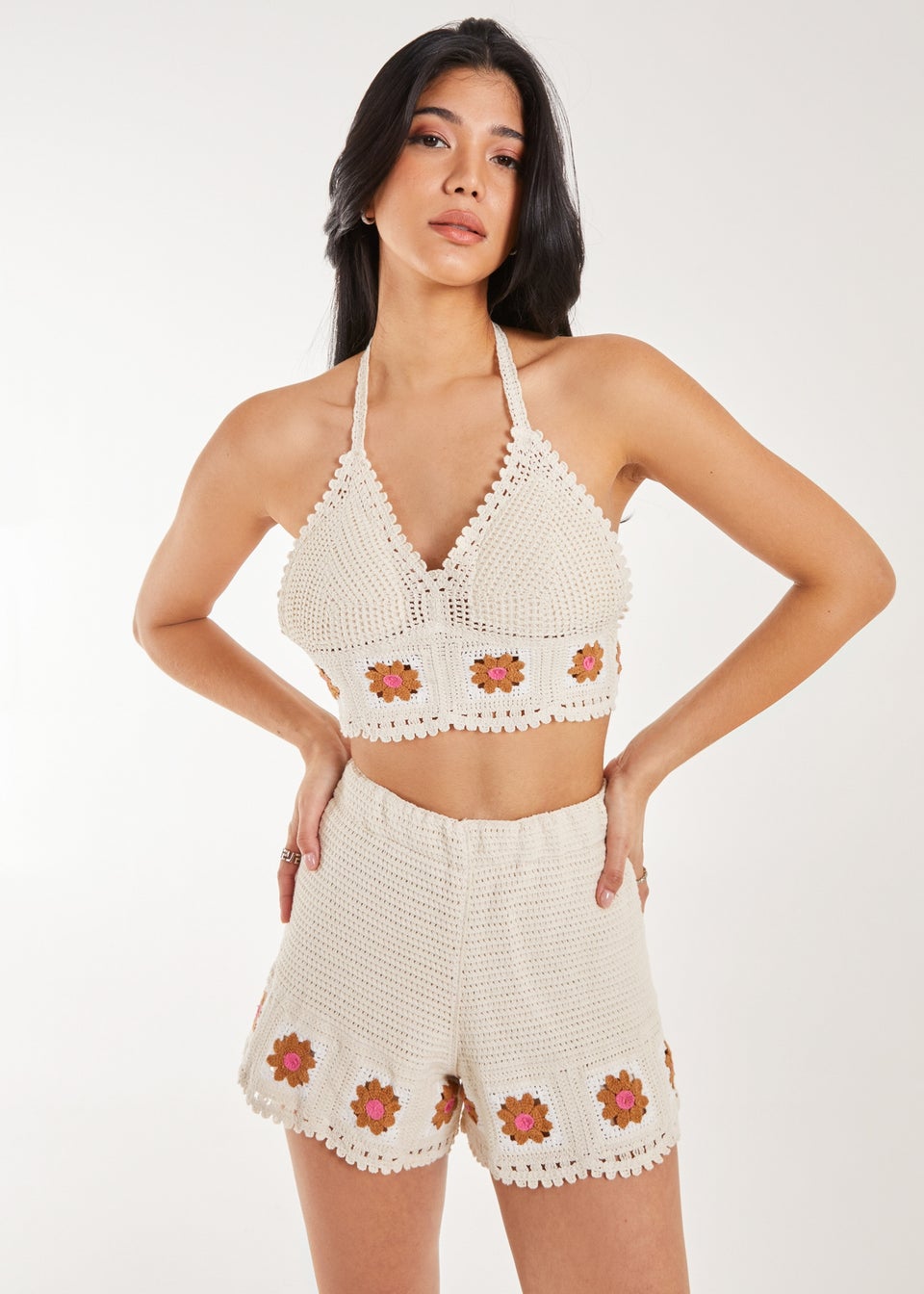 Pink Vanilla Stone Tie Flower Detail Crochet Bralette