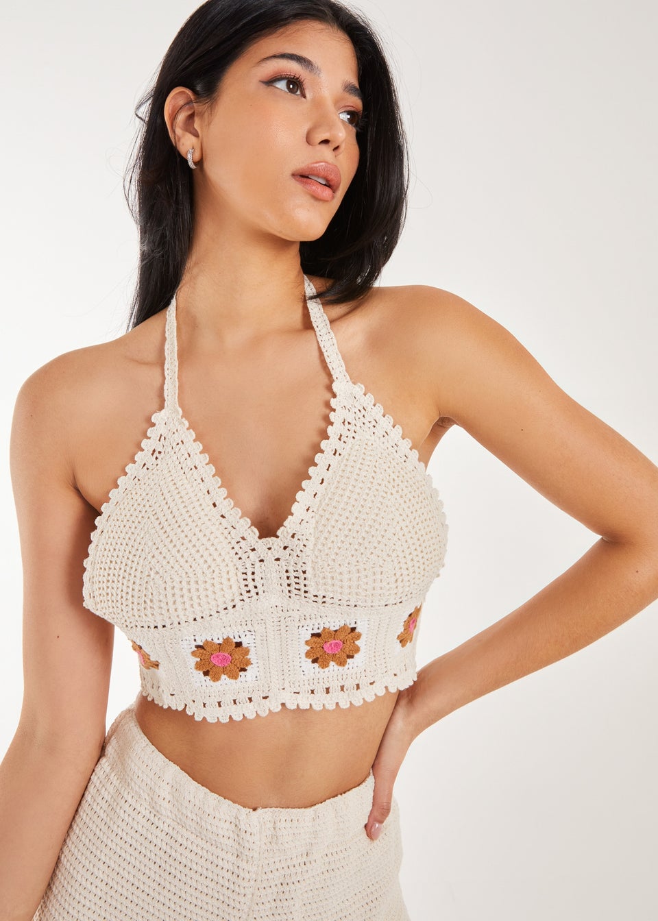 Pink Vanilla Stone Tie Flower Detail Crochet Bralette