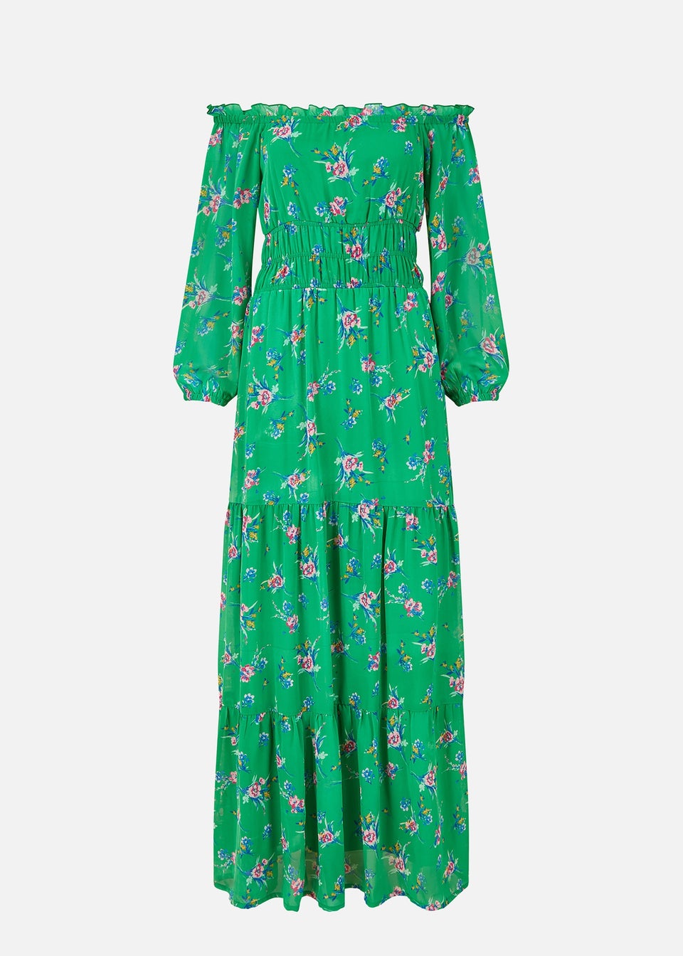 Yumi Green Floral Bardot Long Sleeve Maxi Dress