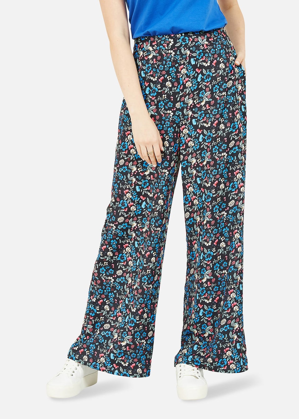 Yumi Blue Floral Print Wide Leg Trousers