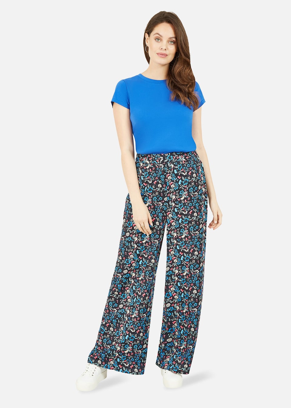Yumi Blue Floral Print Wide Leg Trousers