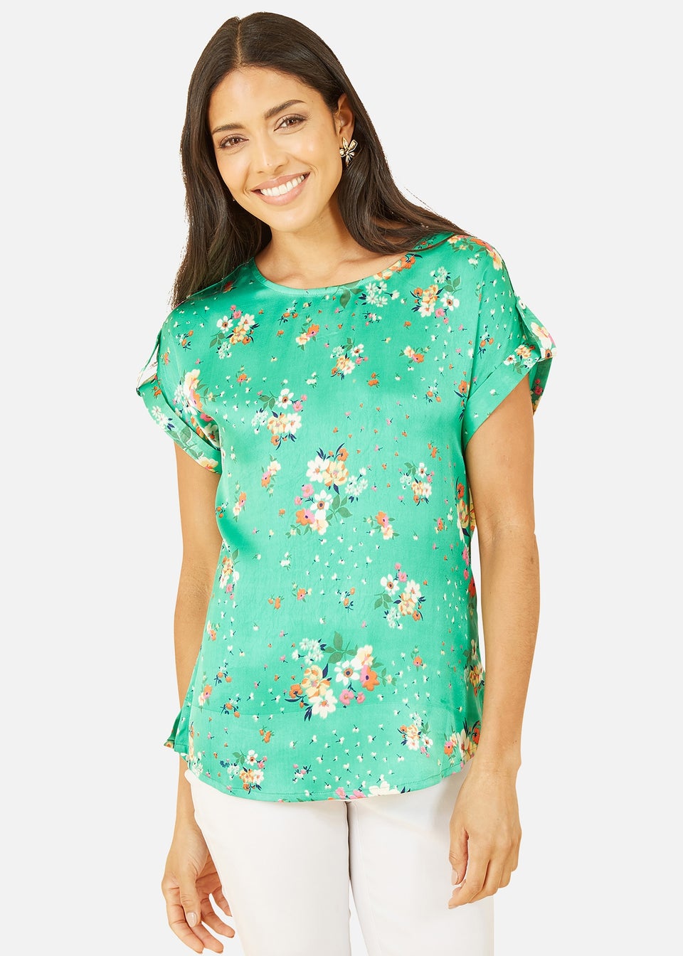 Yumi Green Satin Floral Relaxed Fit Top