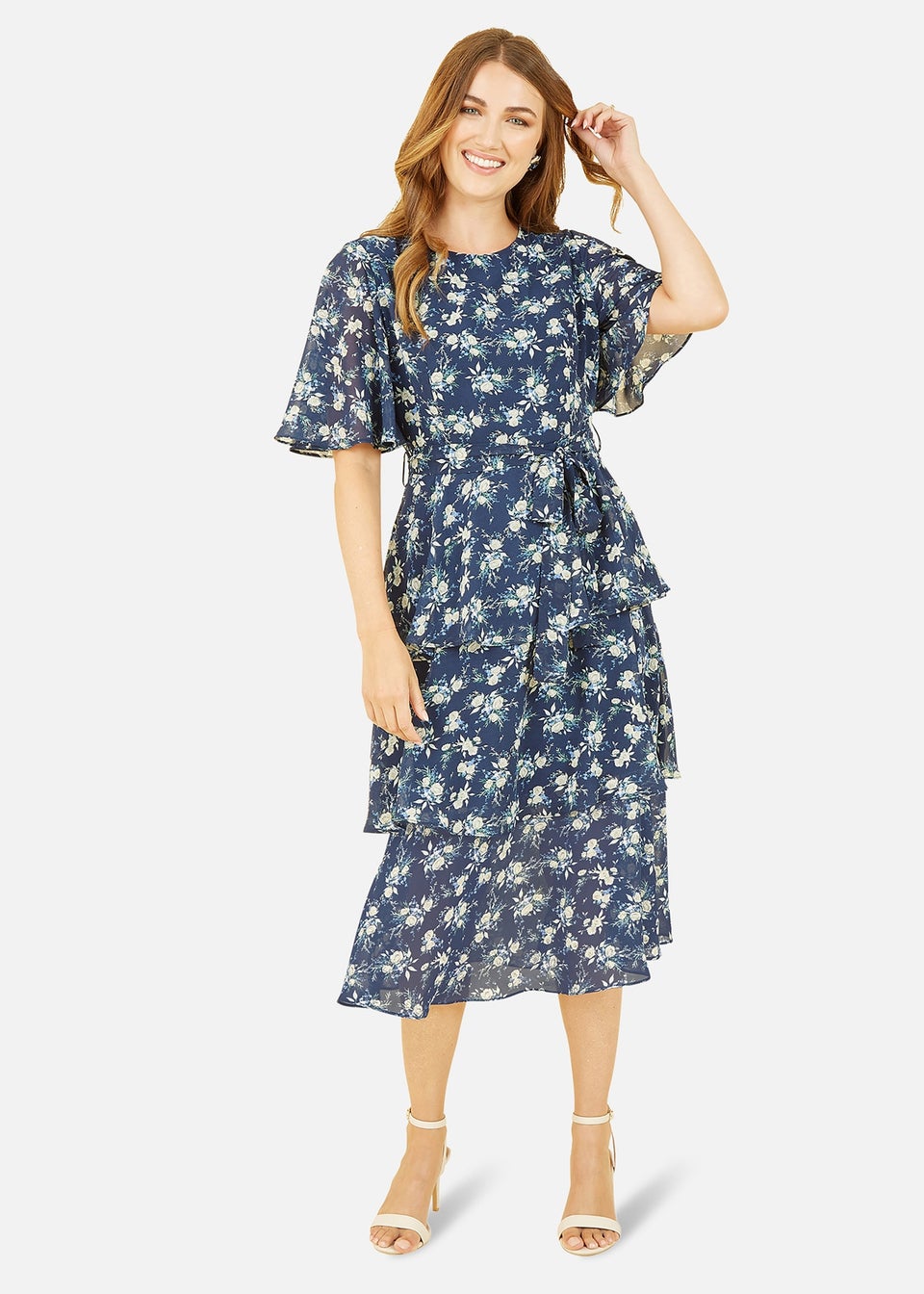 Yumi Navy Floral Frill Layer Midi Dress
