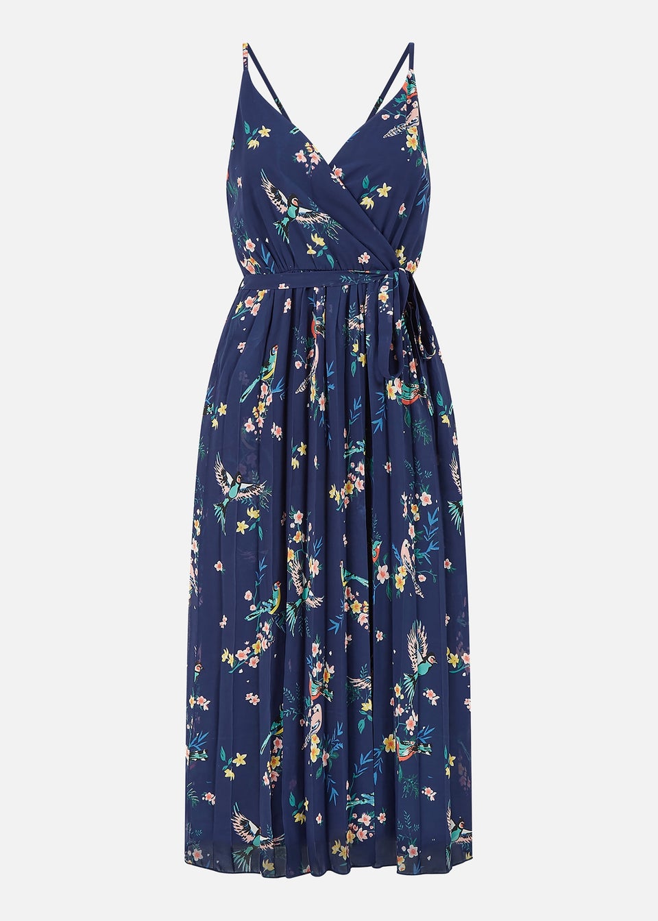 Yumi Navy Botanical Bird Print Strappy Midi Dress