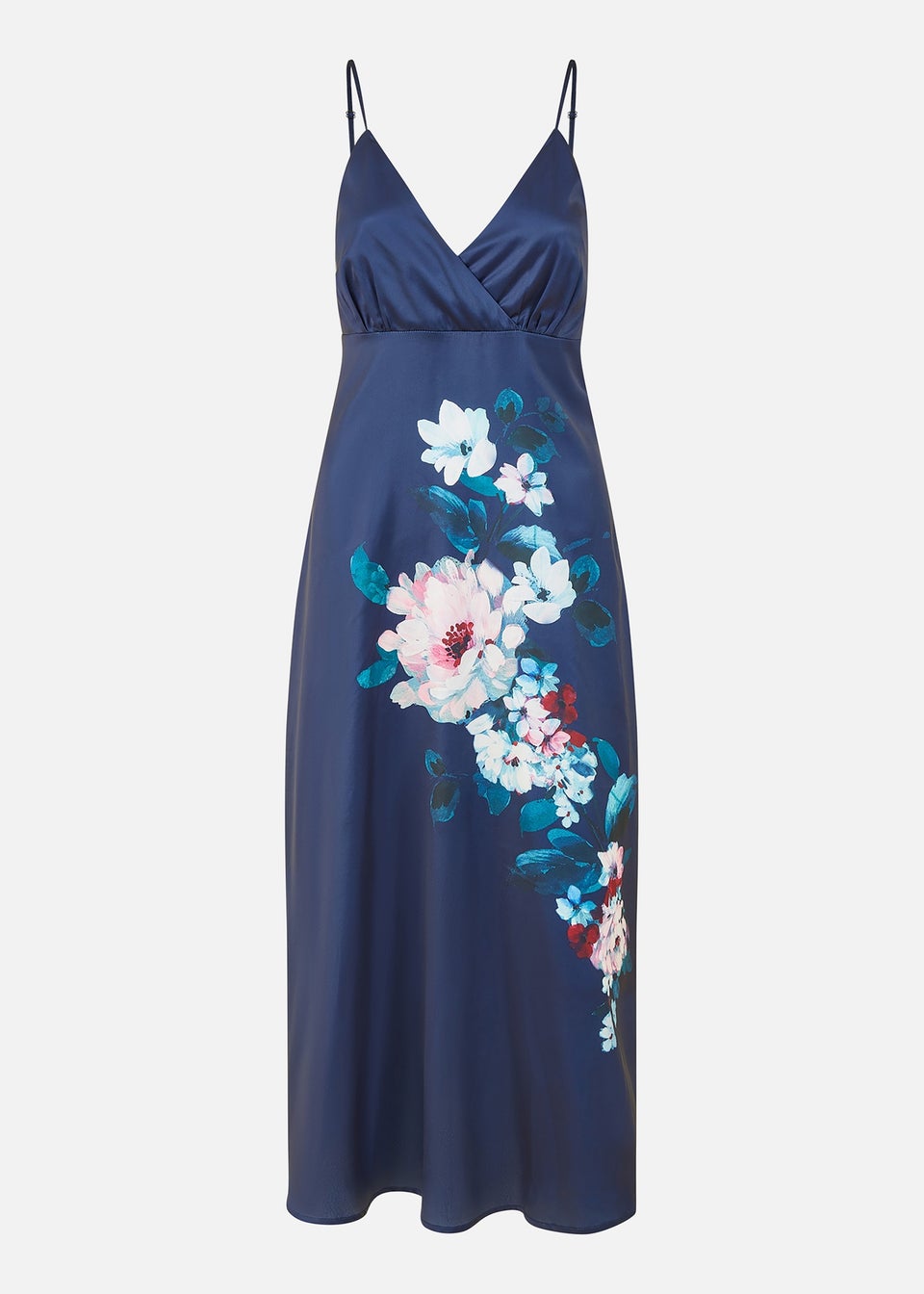Yumi Navy Satin Slip Dress With Floral Design