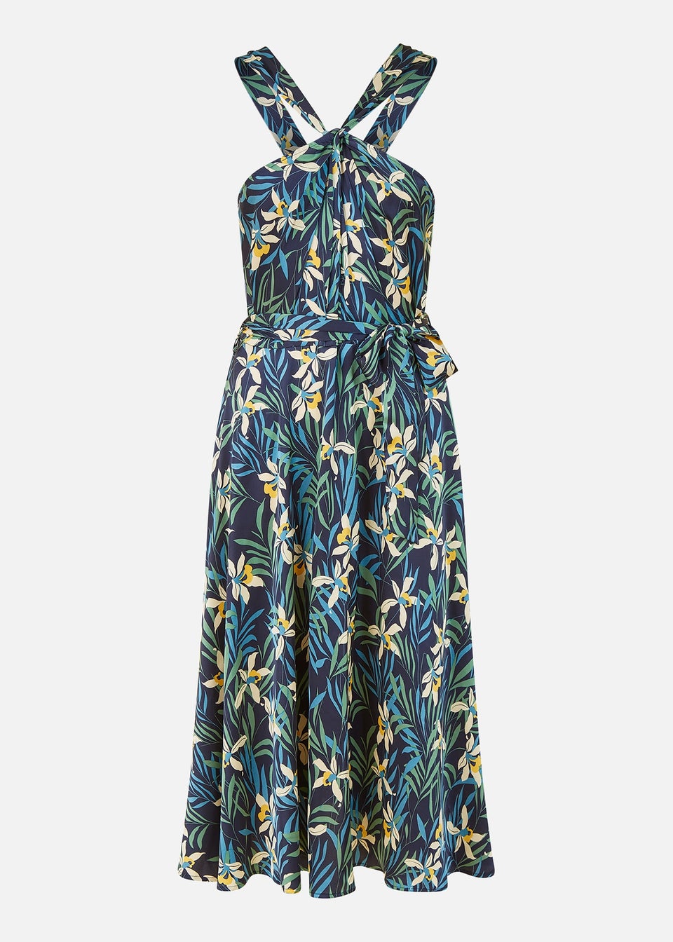 Yumi Navy Tropical Print Satin Cross Neck Midi Dress