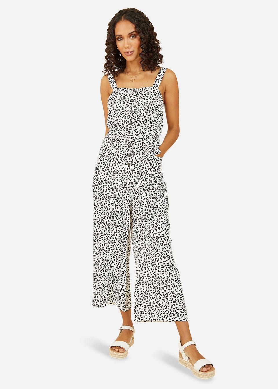 Yumi White Animal Print Button Up Strappy Jumpsuit
