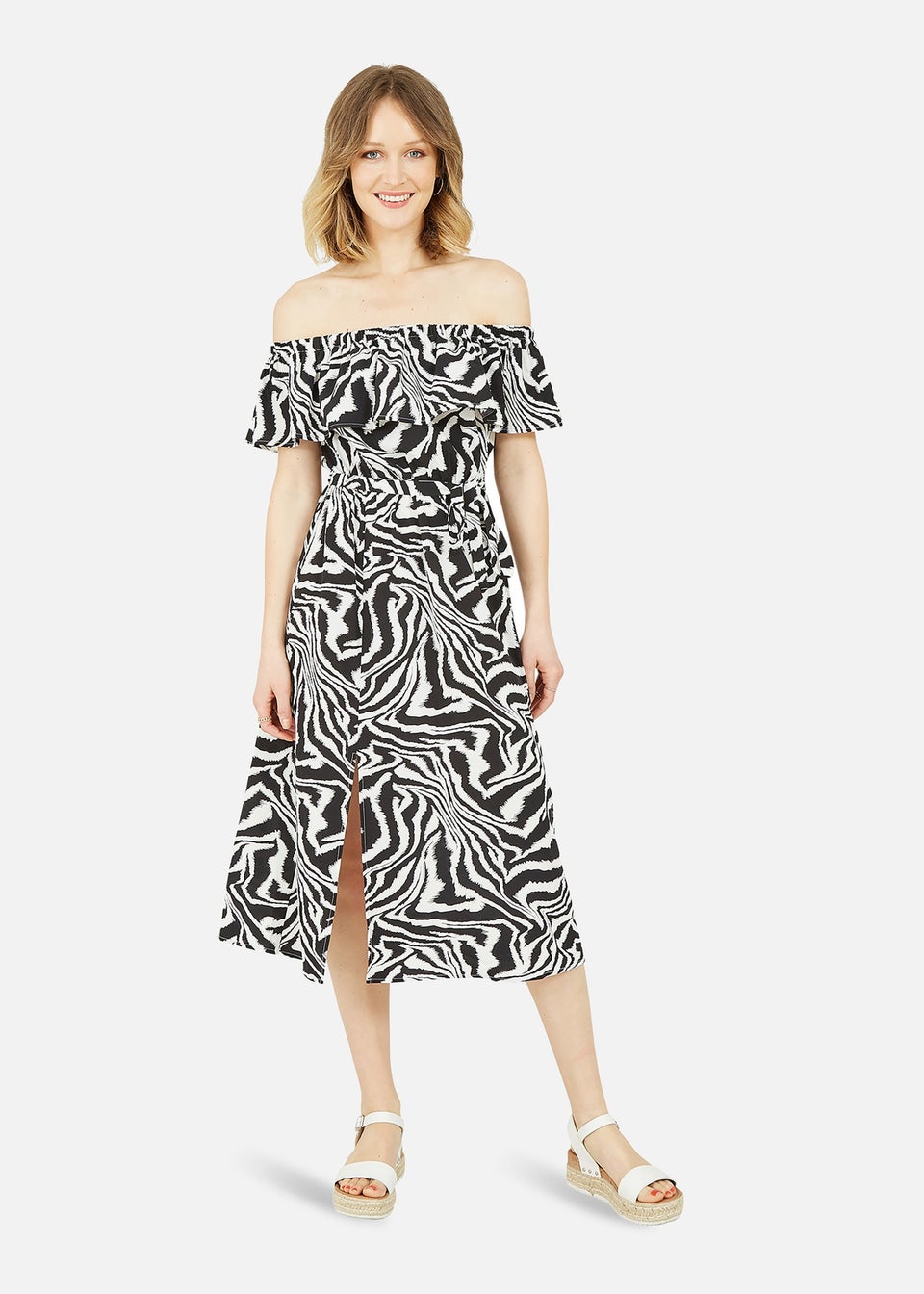 Yumi Black Zebra Print Bardot Dress