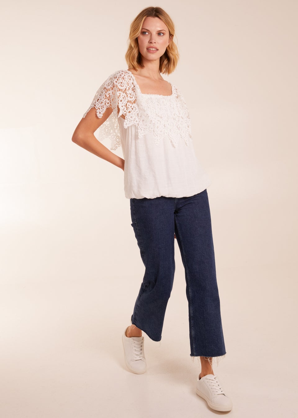 Blue Vanilla Ivory Crochet Lace Puff Ball Top