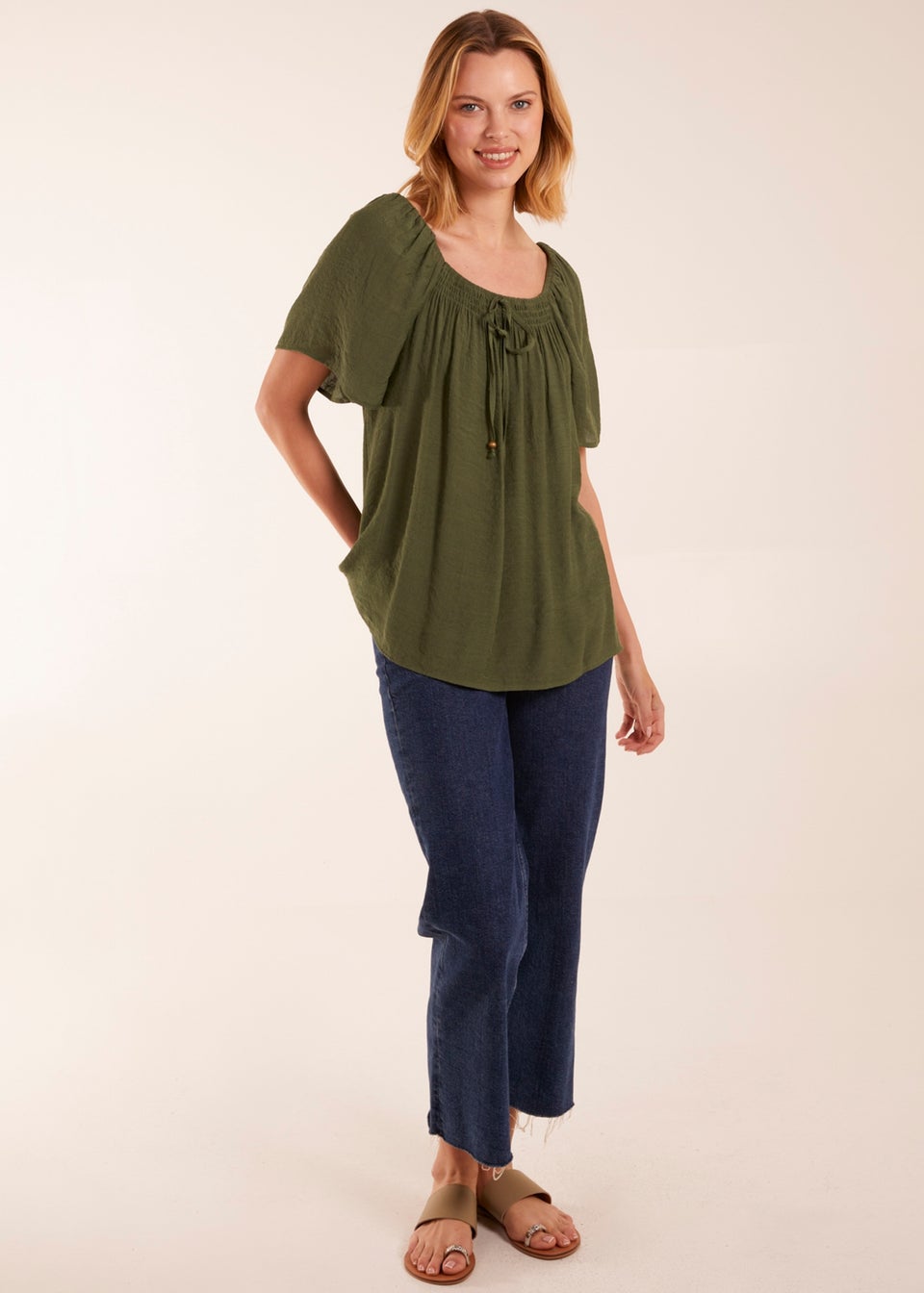 Blue Vanilla Khaki Shirred At Front Swing Top