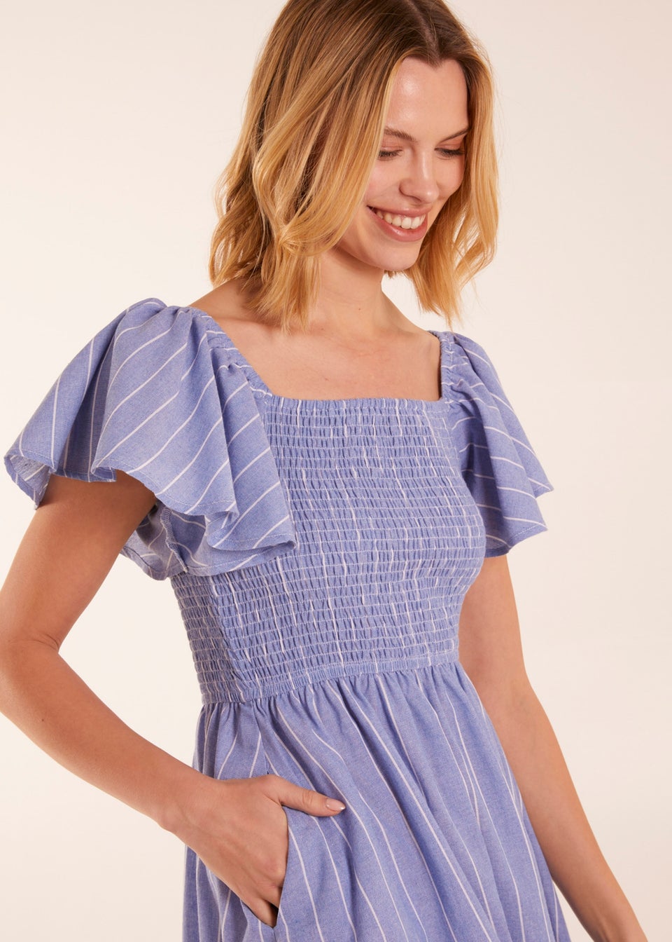 Blue Vanilla Blue Shirred Bust Stripe Midi Dress - Matalan