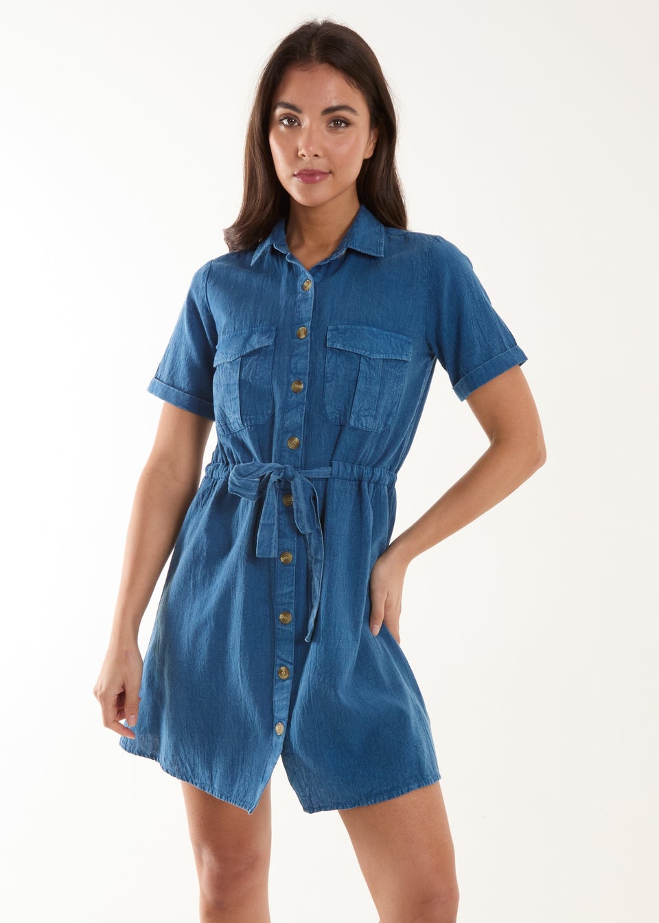 Blue Vanilla Blue Drawstring Waist Shirt Dress