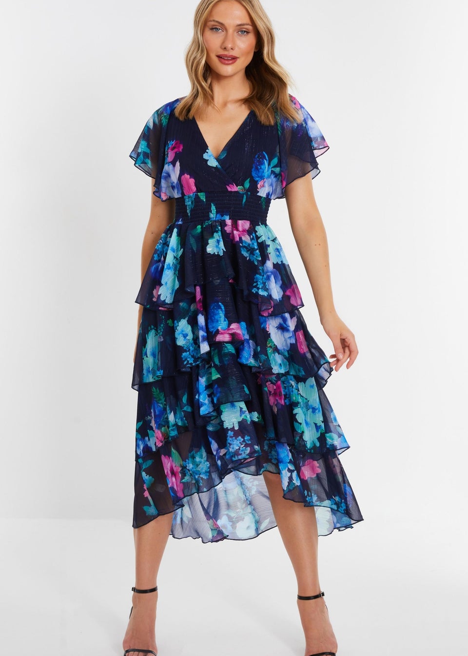 Quiz Blue Floral Dip Hem Tiered Midi Dress