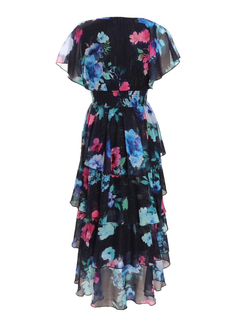 Quiz Blue Floral Dip Hem Tiered Midi Dress