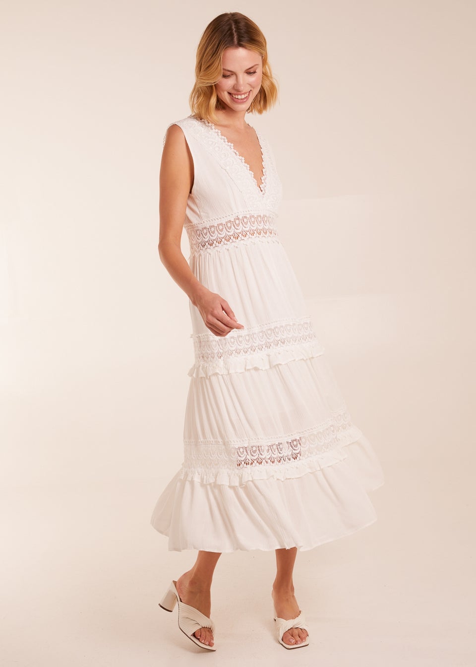 Blue Vanilla Ivory Angel Sleeve Tiered Maxi Dress