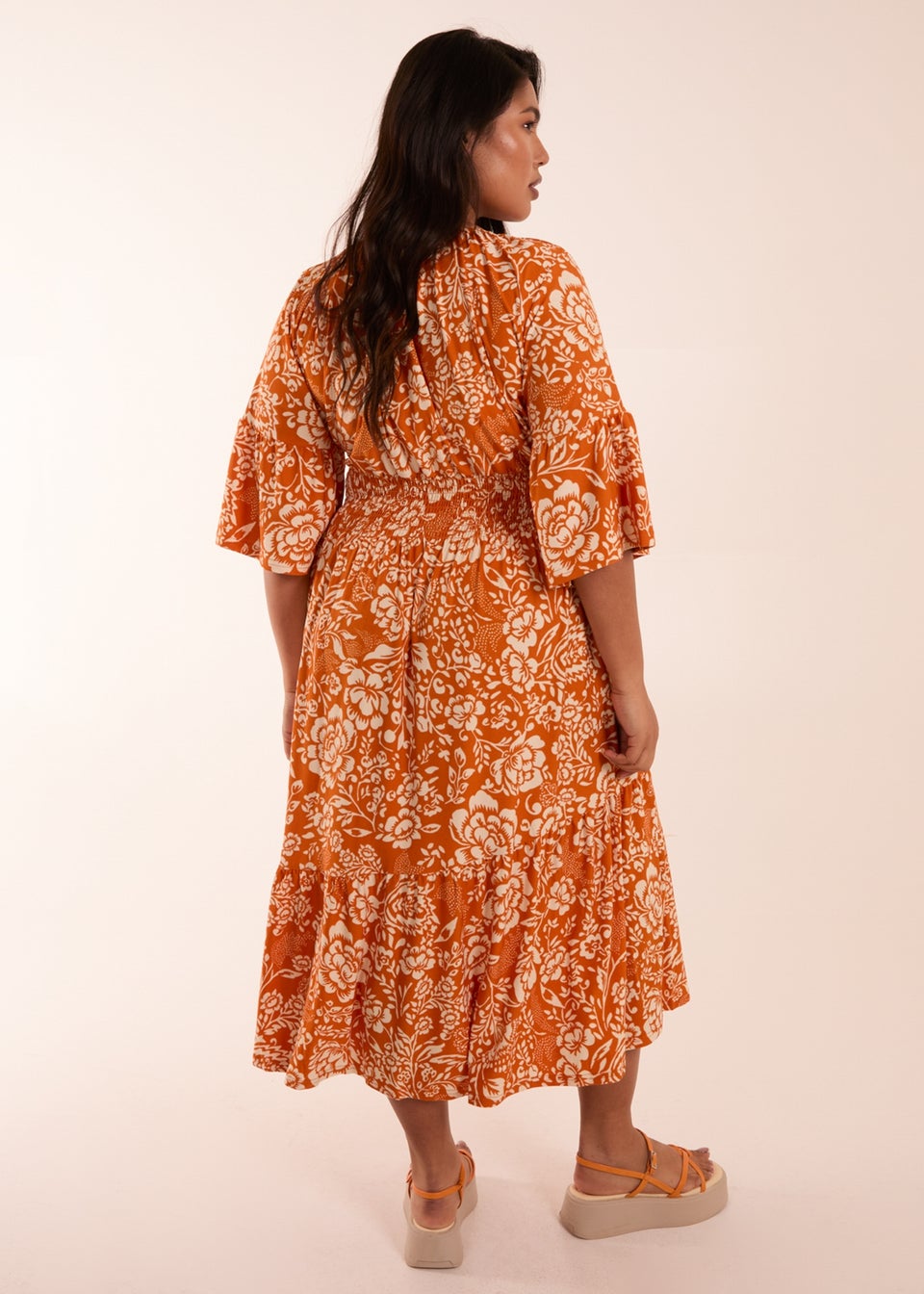 Blue Vanilla Curve Orange Elasticated V Neck Midi Dress - Matalan