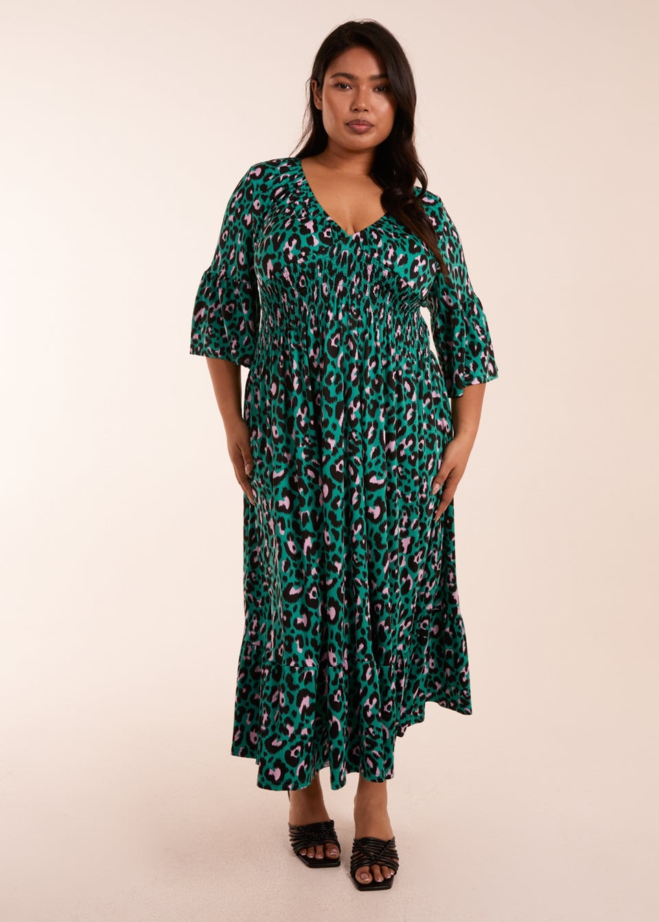 Blue Vanilla Curve Blue Elasticated Neck Shirred Waist Midi Dress - Matalan