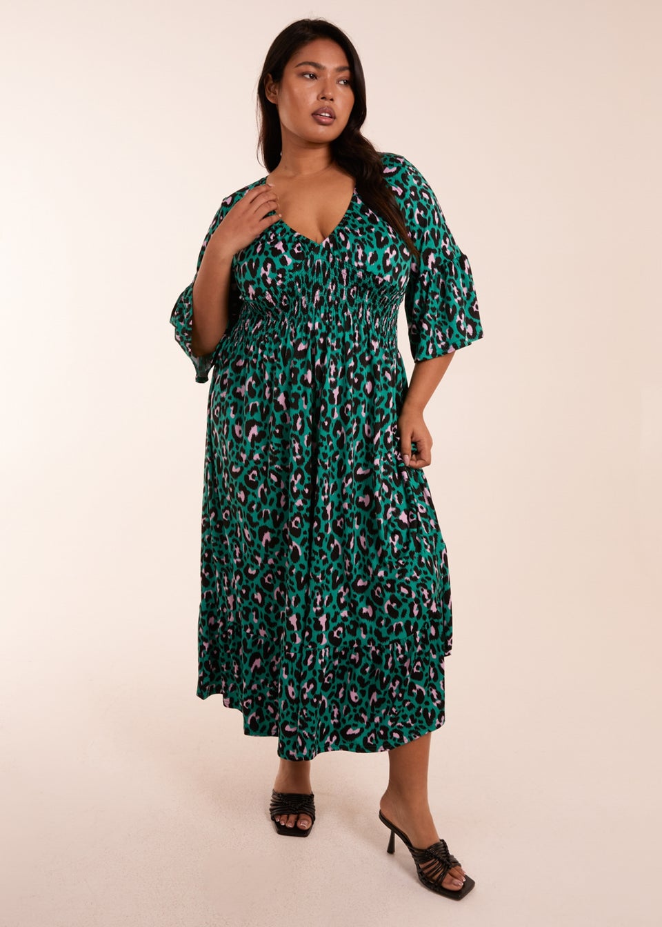 Blue Vanilla Curve Blue Elasticated Neck Shirred Waist Midi Dress - Matalan